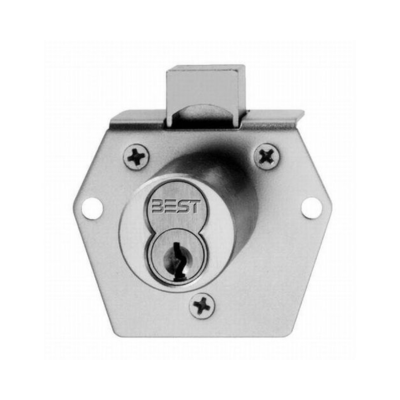L Series Standard Cabinet Lock, 7-Pin Housing; Rim Mounting, Dead-Locking Latch Type, Vertical Hand, Satin Chrome