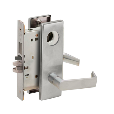 Grade 1 Entrance/Office Mortise Lock with Deadbolt, Less Cylinder, 06 Lever, N Escutcheon, Satin Chrome Finish, Field Reversible