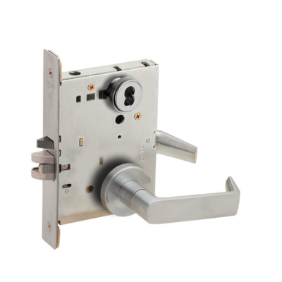 Grade 1 Classroom Mortise Lock, Schlage FSIC Less Core, 06 Lever, A Rose, Satin Chrome Finish, Field Reversible