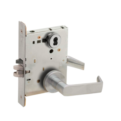 Grade 1 Storeroom Mortise Lock, Schlage FSIC Less Core, 06 Lever, A Rose, Satin Chrome Finish, Field Reversible