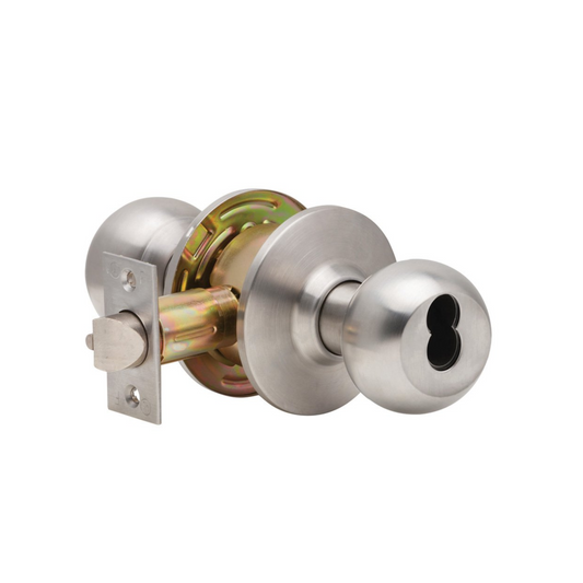 Grade 2 Storeroom Cylindrical Lock, Non-Clutching, Ball Knob, 3" Rose Diameter, SFIC Prep Less Core, Satin Stainless Steel Finish, Non-Handed